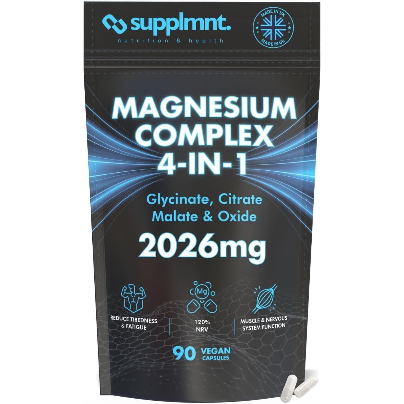 Magnesium Glycinate 4-In-1 Complex - 2026Mg Supplements as Bisglycinate, Citrate, Malate & Oxide 90 Vegan Capsules, Triple High Absorption 449Mg Elemental, UK Made