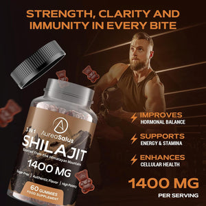 Shilajit Gummies 1400Mg – Pure Himalayan Complex with Ashwagandha, Chaga, Fulvic Acid & 85+ Trace Minerals – Vegan & Sugar-Free – 60 Gummies