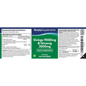 Ginkgo 9,000Mg & Ginseng 3,000Mg | Supports Mental Performance & Helps with Circulation | Vegan & Vegetarian Friendly | 120 Tablets | Manufactured in the UK