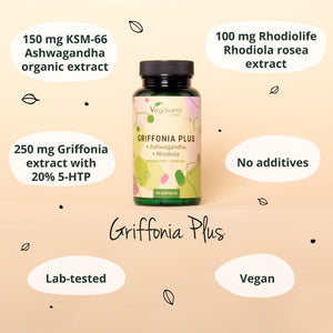 Vegavero 5HTP High Strength | 750 Mg Griffonia Seed, Rhodiola & Ashwagandha Extracts | Premium Branded Raw Materials | Synergistic & Natural Adaptogens | NO Additives, Lab-Tested | Vegan