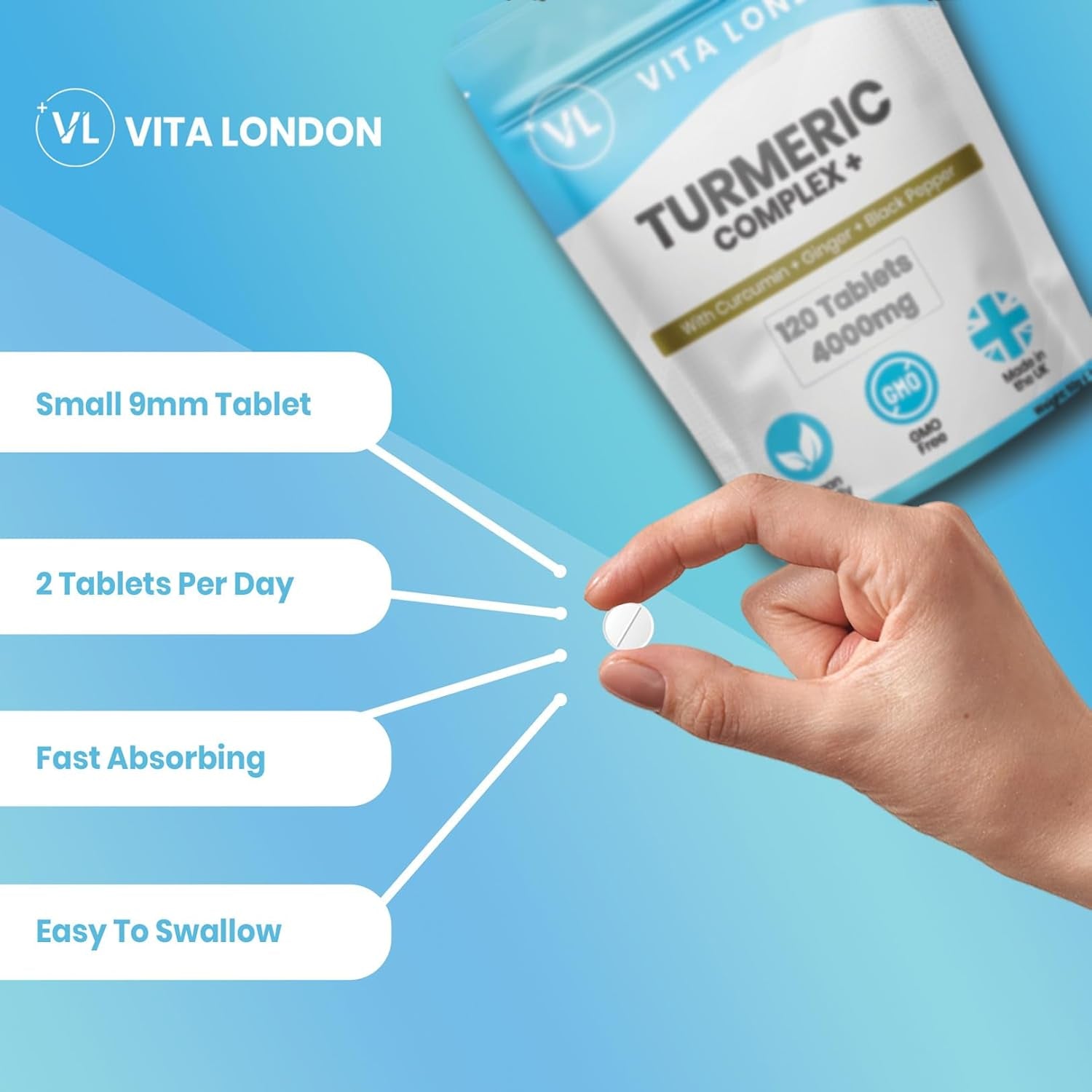 Turmeric Tablets 4000Mg | Turmeric Supplement with Added Black Pepper & Ginger | 120 High Strength Curcumin Tablet (Gummies, Not Capsule or Powder) | Vegan, Made in UK