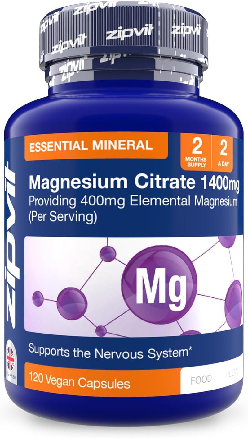 Zipvit Magnesium Citrate 1400Mg, Provides 400Mg Elemental Magnesium, Highly Absorbable for Bone, Muscle & Energy Support. 120 Vegan Capsules, 2 a Day, 2 Months Supply.