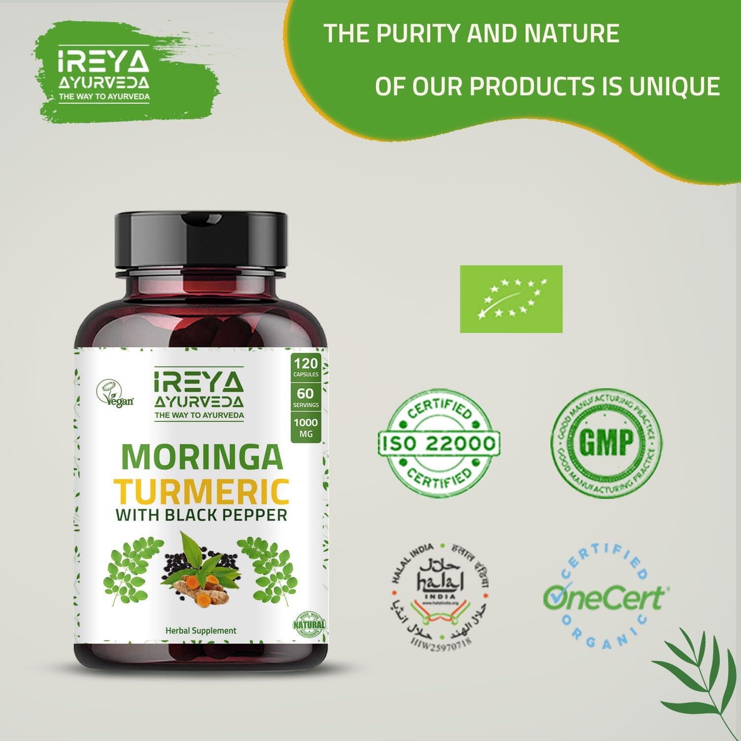 Moringa Oleifera Powder & Turmeric Root Powder with Black Pepper 120 Capsules | Immunity & Metabolism Support, Joint and Digestive Support. Vegan, Gluten-Free and Non-Gmo