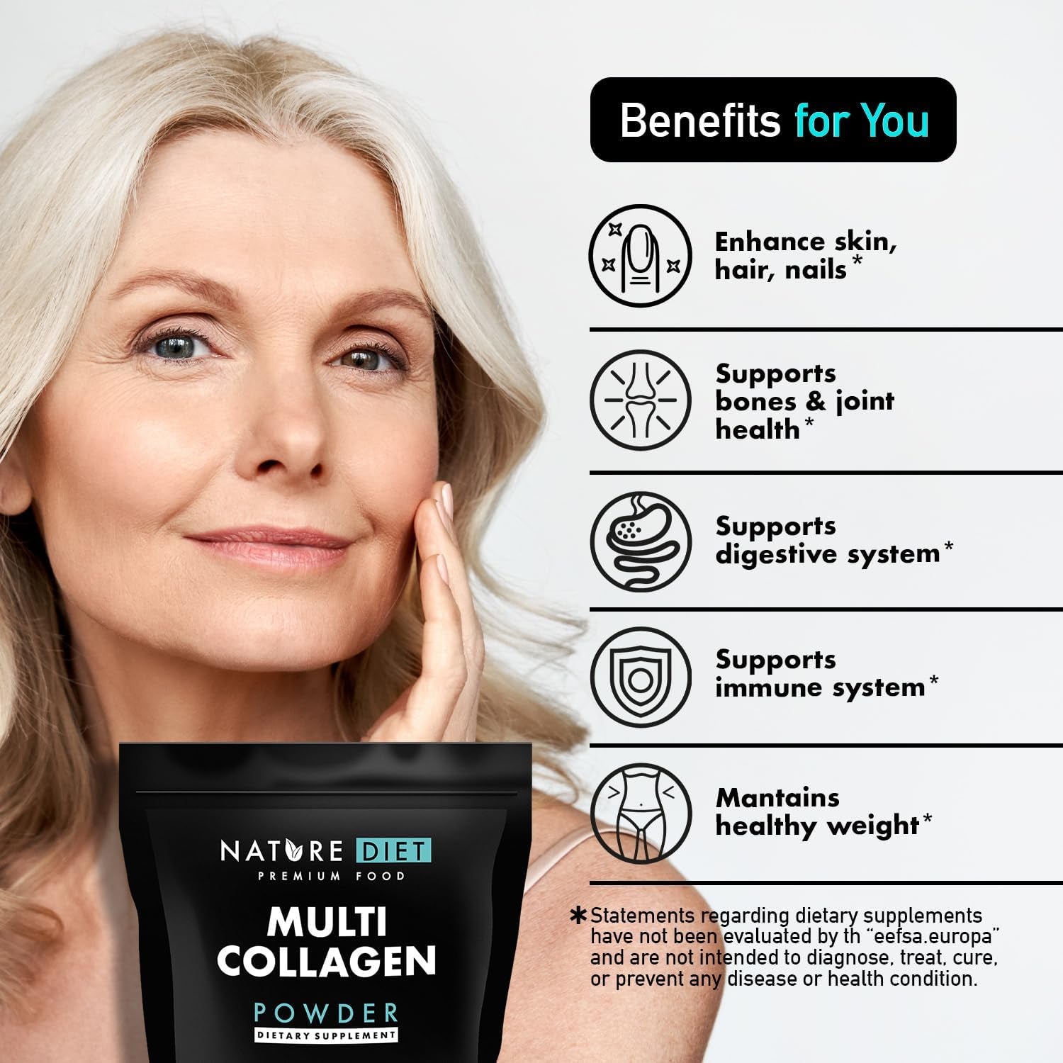 Nature Diet Multi Collagen Powder Unflavored 400G, Hydrolysed Highly Bioavailable Collagen Peptides Type: I, II, III, V and X, Protein Powder, Collagen Supplements for Woman