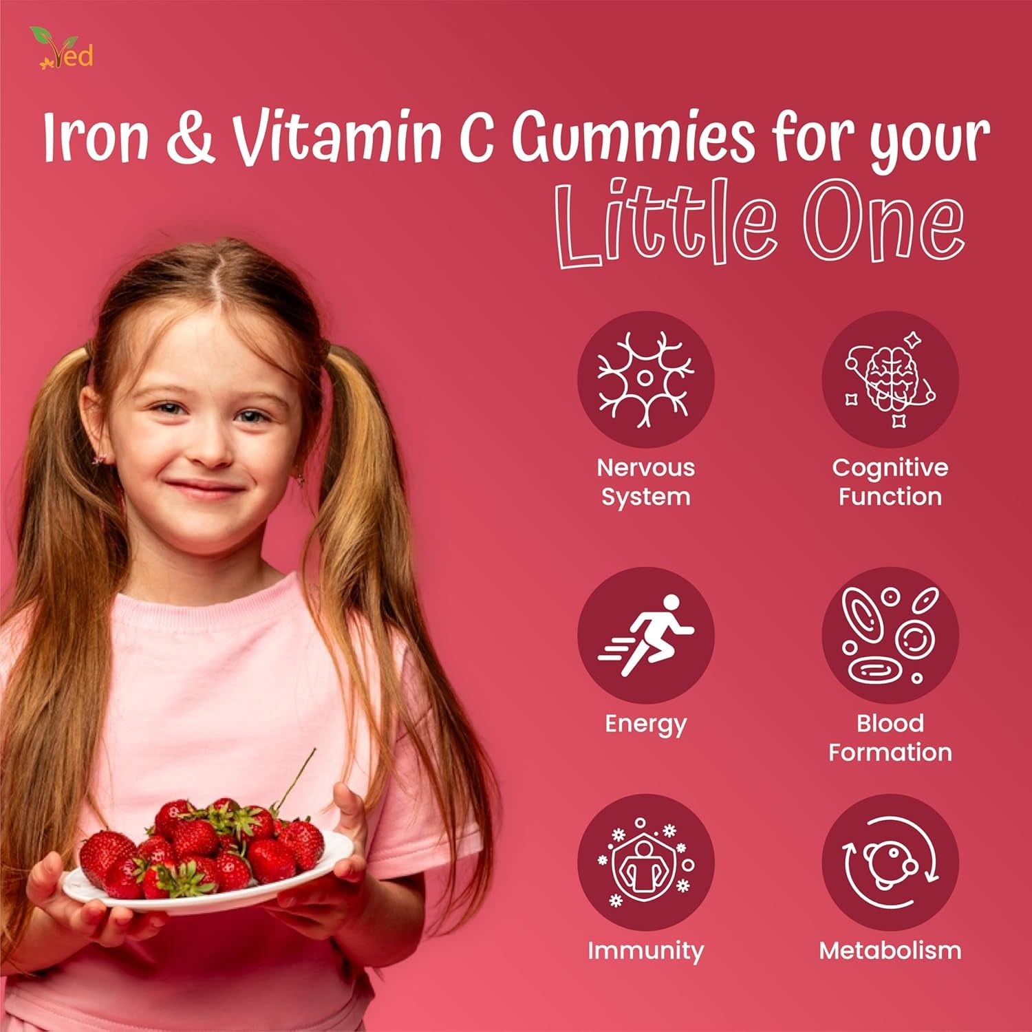 Iron Gummies Kids,15 Day Supply, Natural Strawberry Flavour, 30 Chewable Vegan Gummies, Vegetarian Friendly, Energy & Immune System, Kids Iron Gummies, GMO & Gluten Free.