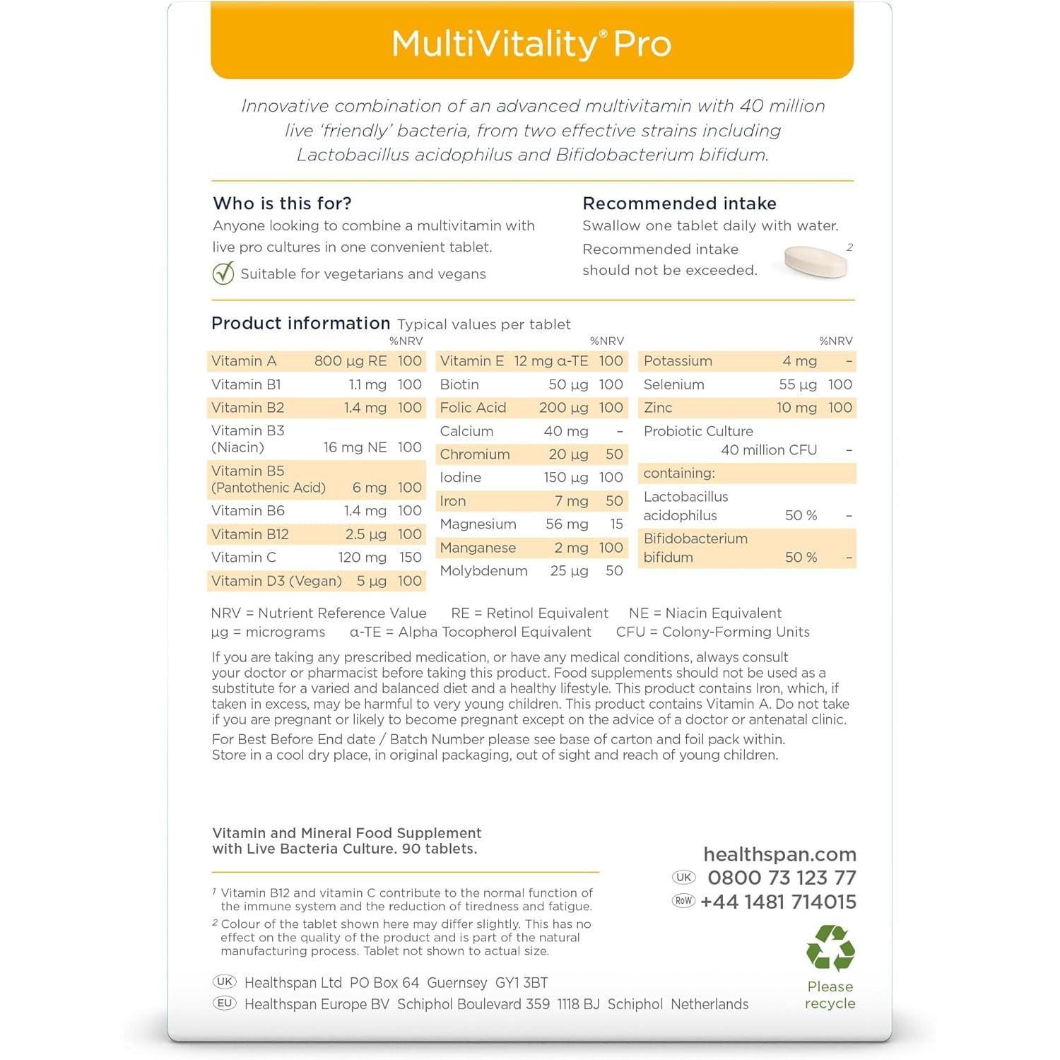 Healthspan Multivitamin with Live Cultures (90 Tablets) | Supports Immune Health | Maintain Energy Levels | Multivitamin & Live Bacteria Cultures | Added Vitamins C & D3 | Vegan