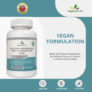 Calcium Magnesium Zinc and Vitamin D plus Vitamin K2 MK-7 Supplement - 180 Vegan Tablets - High Strength Calcium Tablets Complex with Vitamin K2 Copper Manganese Selenium & Boron - UK Made