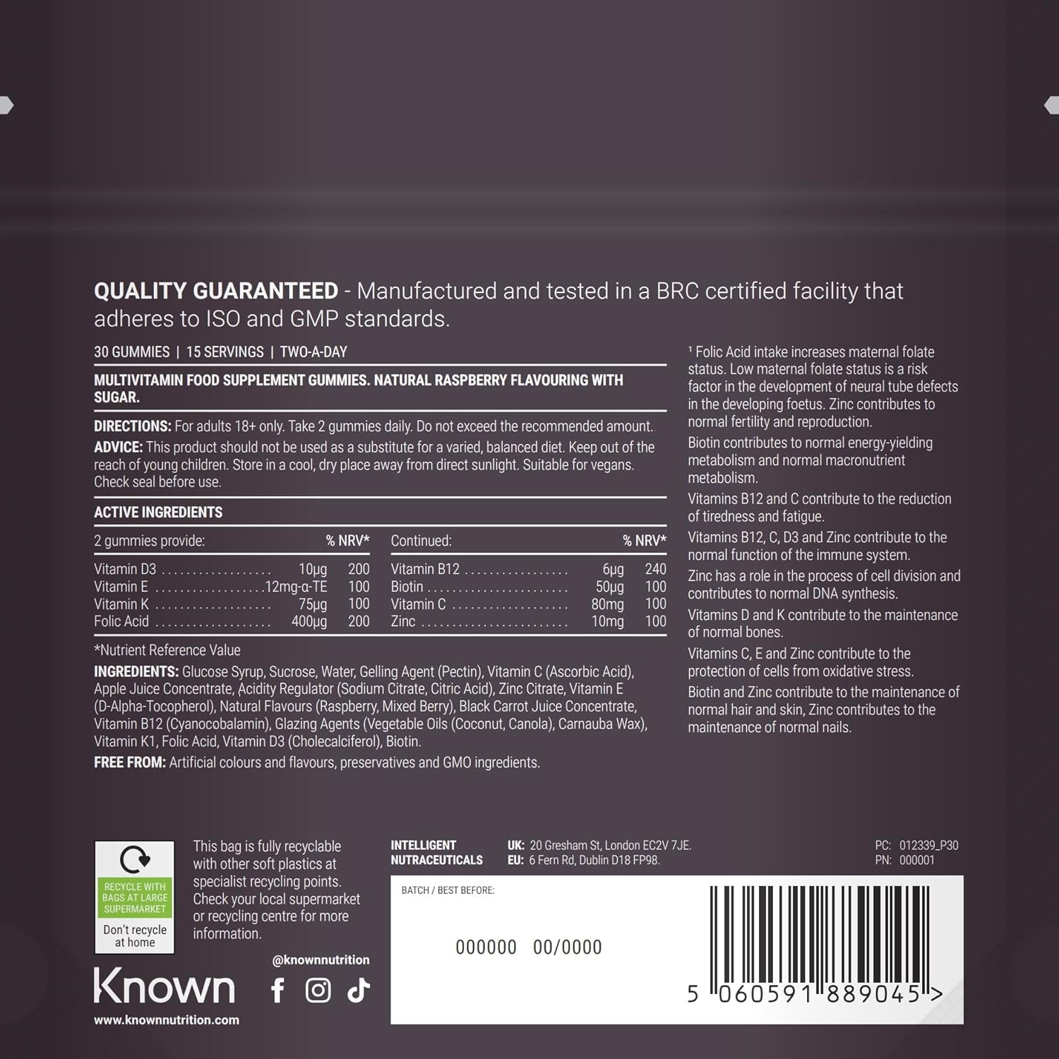 Known Pregnancy Support Multivitamin Gummies – 400Μg Folic Acid – for Maternal Health – Natural Raspberry Flavour – 30 Vegan Gummies, 15 Day Supply