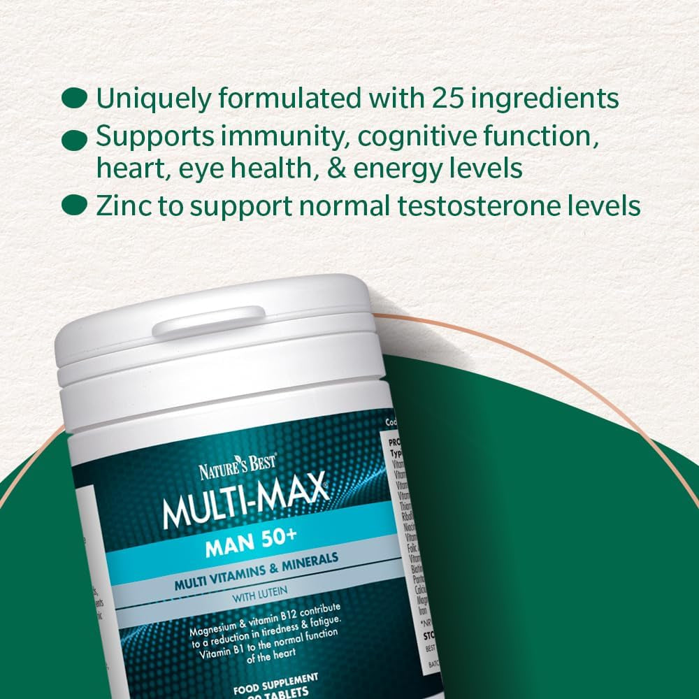 Nature'S Best Multi-Max Man 50+ Multivitamin - Targeted Support with Vitamin D, B and Magnesium for Energy & Cognitive Health for Men over 50 - UK Made - 90 Tablets (3 Months' Supply)