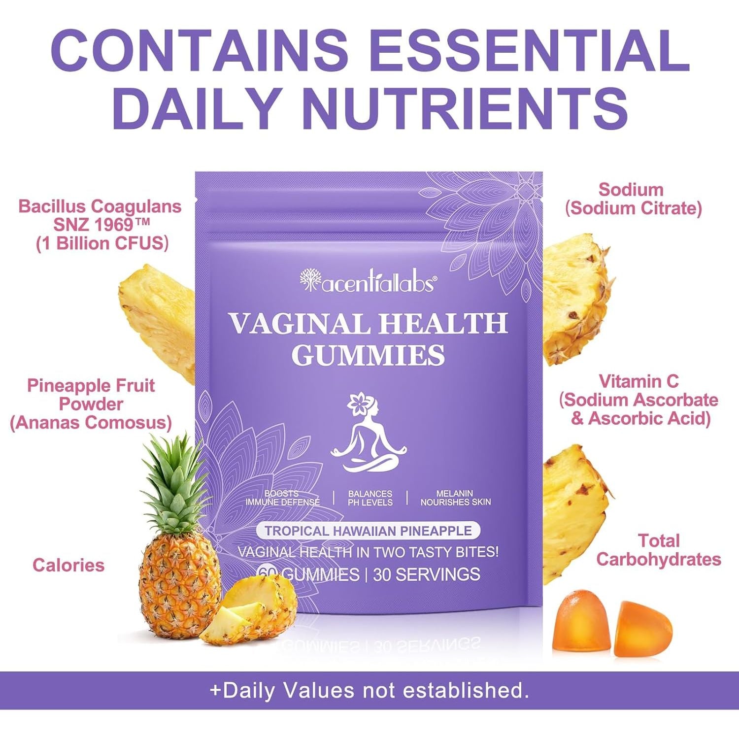 Feminine Balance Gummies, 60 Gummies Vegan Hawaiian Pineapple Flavor - Women’S Health PH Levels- Immune Support - Vegan & Gluten-Free