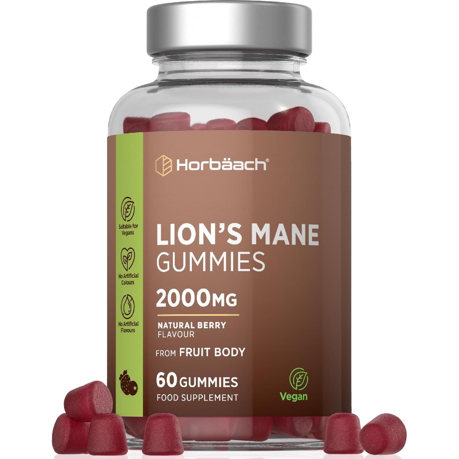 Lions Mane Gummies 2000Mg | High Strength Lions Mane Supplement | Mushroom Extract | Natural Berry Flavour | 60 Vegan Gummies | by Horbaach