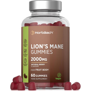 Lions Mane Gummies 2000Mg | High Strength Lions Mane Supplement | Mushroom Extract | Natural Berry Flavour | 60 Vegan Gummies | by Horbaach