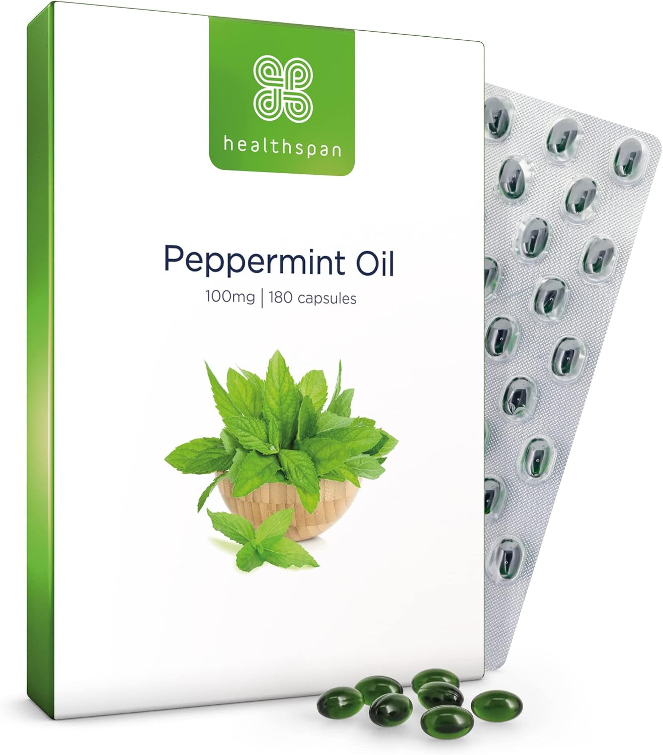 Healthspan High Strength Peppermint Oil 100Mg (180 Capsules) | Helps to Support a Healthy Digestion | One-A-Day & Easy to Swallow Capsule | Vegan