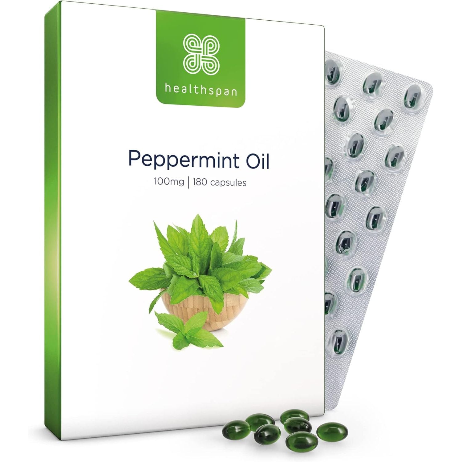 Healthspan High Strength Peppermint Oil 100Mg (180 Capsules) | Helps to Support a Healthy Digestion | One-A-Day & Easy to Swallow Capsule | Vegan