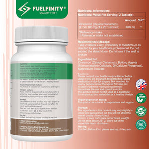 Ceylon Cinnamon Tablets 4000Mg - 180 Tablets - Blood Sugar Control Supplement - Made at GMP Standards - High Strength Cinnamon Supplement - Fuelfinity® - Vegan (1 Pack)