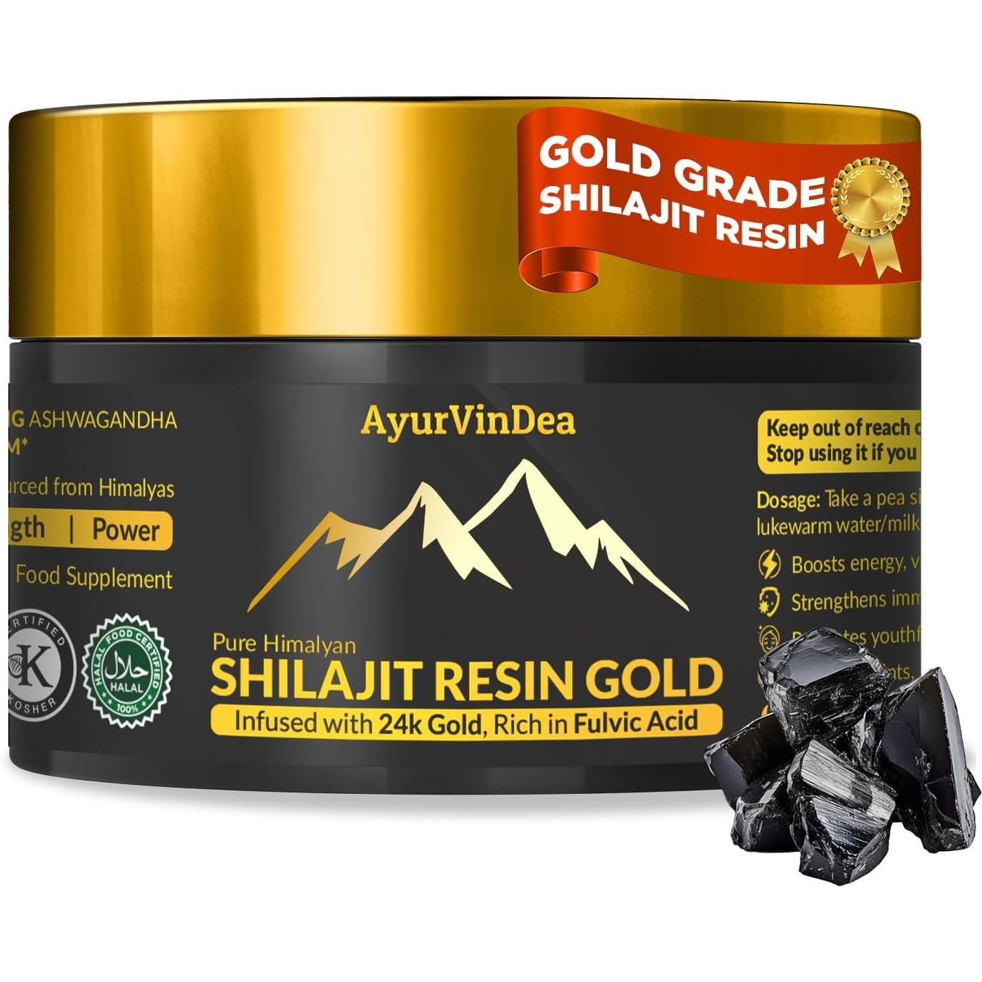 Ayurvindea Pure Shilajit Resin 30G – Himalayan Shilajit with 24K Gold and Ashwagandha – Rich in Minerals and Fulvic Acid – Natural Support for Energy, Strength & Vitality – 60 Day Supply – Vegan
