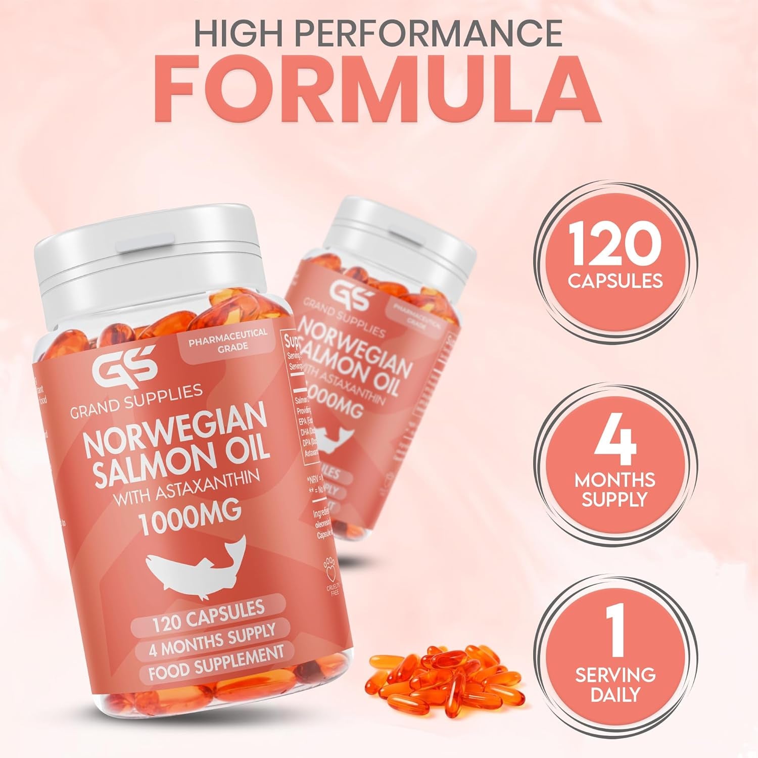 Norwegian Salmon Oil with Astaxanthin 1000Mg - 4 Months / 120 Days Supply - Pink Peptide Omega 3 6 9 Capsules High Strength - Rich in EPA, DHA & DPA, Burpless Taste