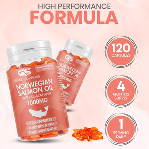 Norwegian Salmon Oil with Astaxanthin 1000Mg - 4 Months / 120 Days Supply - Pink Peptide Omega 3 6 9 Capsules High Strength - Rich in EPA, DHA & DPA, Burpless Taste