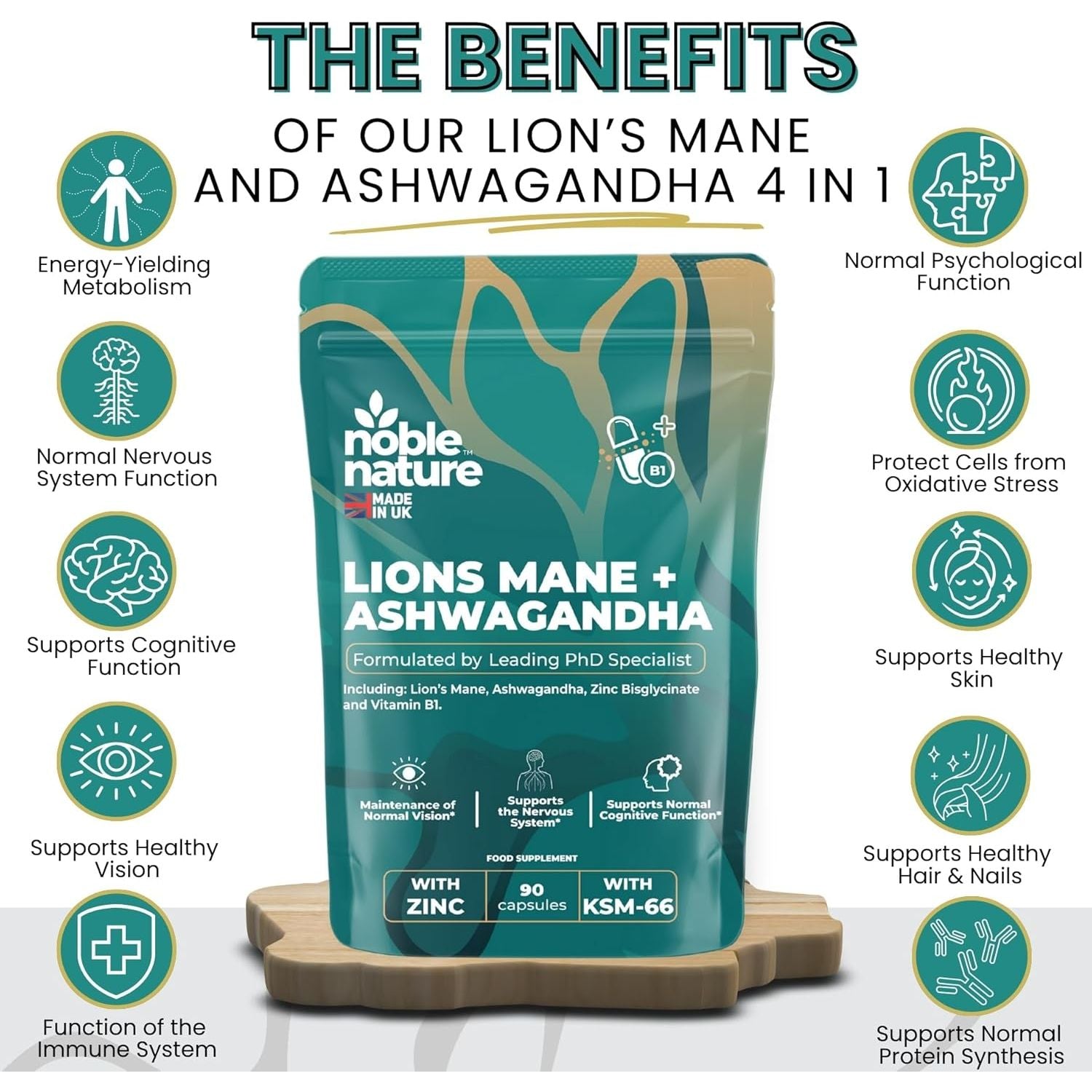 Noble Nature 267Mg Lions Mane + 250Mg Ashwagandha KSM 66 4-In-1 Formula – with 10Mg Zinc Bisglycinate and 1Mg Vitamin B1 Capsule Supplement – Adaptogens for Calm Brain, Stress, Mood, & Health (90)