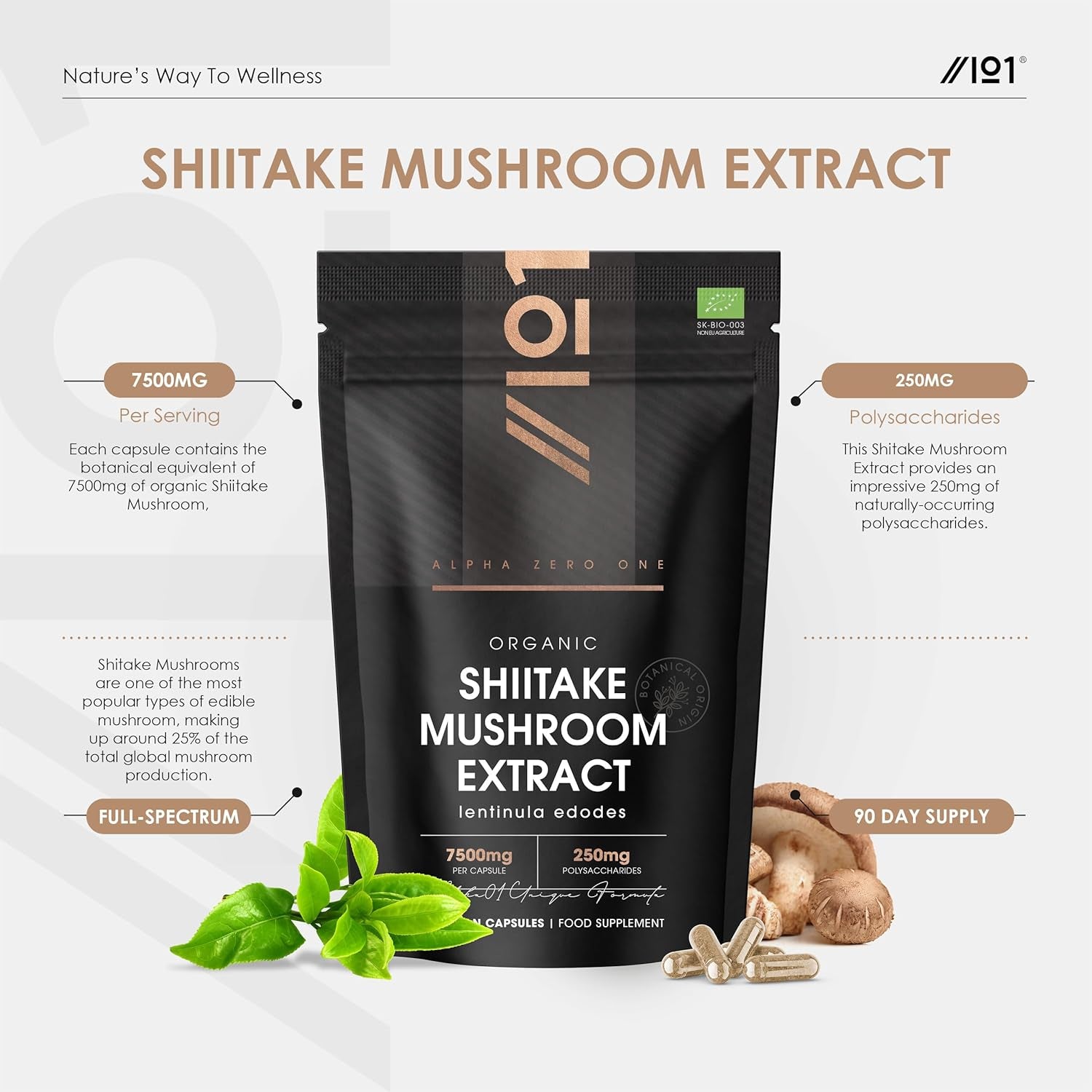Organic Shiitake Mushroom 7500Mg – 50% Polysaccharides Extract Mushroom Supplement – 90 Vegan Capsules (3 Months Supply) – Resealable and Recyclable Pouch – by Alpha01