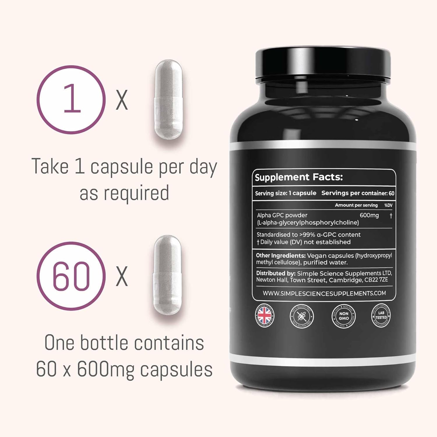 Simple Science Alpha GPC 600Mg X 60 Servings | >99% Pure Α-Gpc | Lab Tested | Choline Supplement | Nootropic for Brain Support, Focus, Memory, Mood & Energy | 100% Natural & Non-Gmo