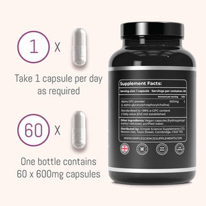 Simple Science Alpha GPC 600Mg X 60 Servings | >99% Pure Α-Gpc | Lab Tested | Choline Supplement | Nootropic for Brain Support, Focus, Memory, Mood & Energy | 100% Natural & Non-Gmo