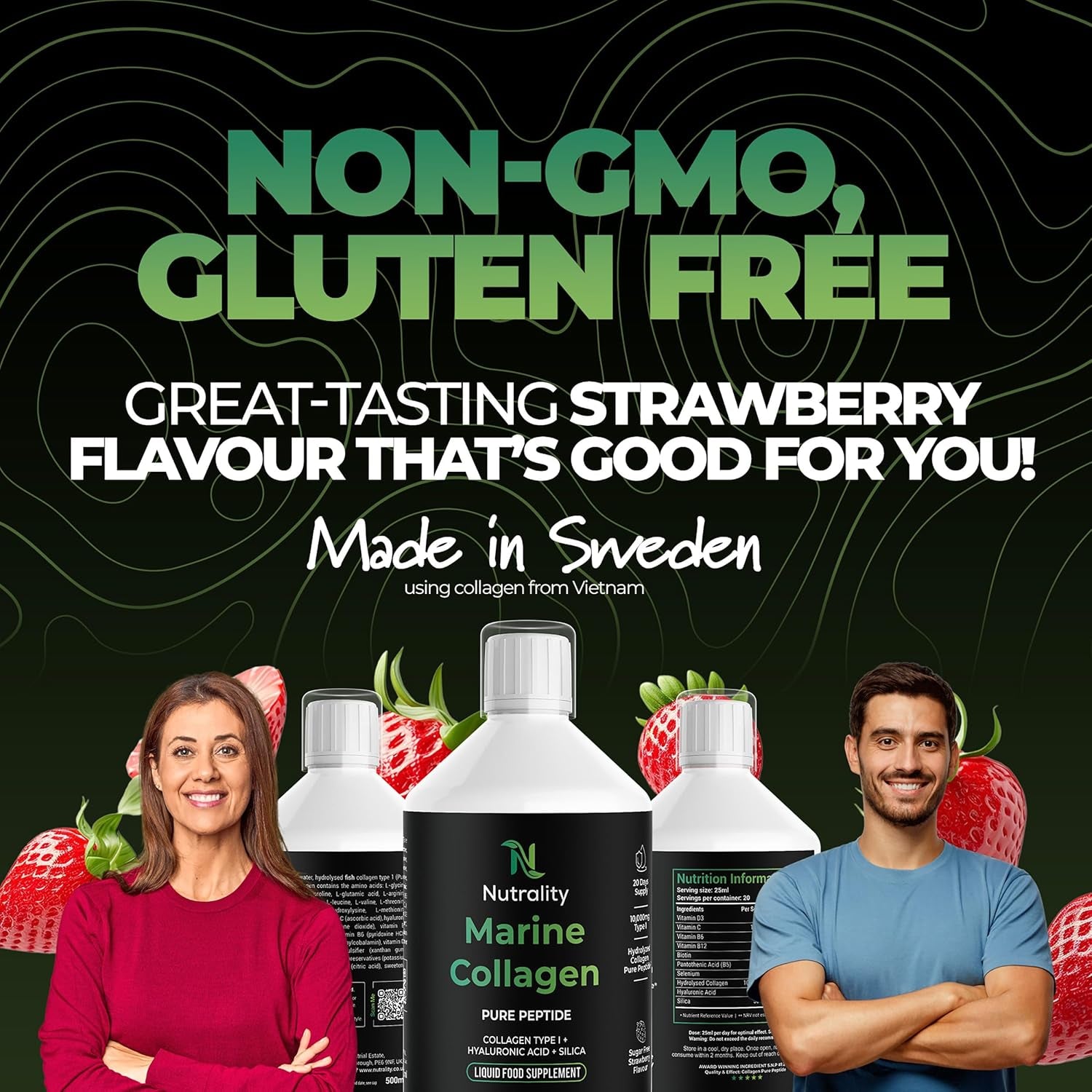 Nutrality High Strength 10,000Mg Marine Collagen for Skin, Hair, Nails and Joints | Hydrolysed Collagen Pure Peptides Drink Infused Hyaluronic Acid | Vitamin C, D and Biotin, Sugar Free Strawberry