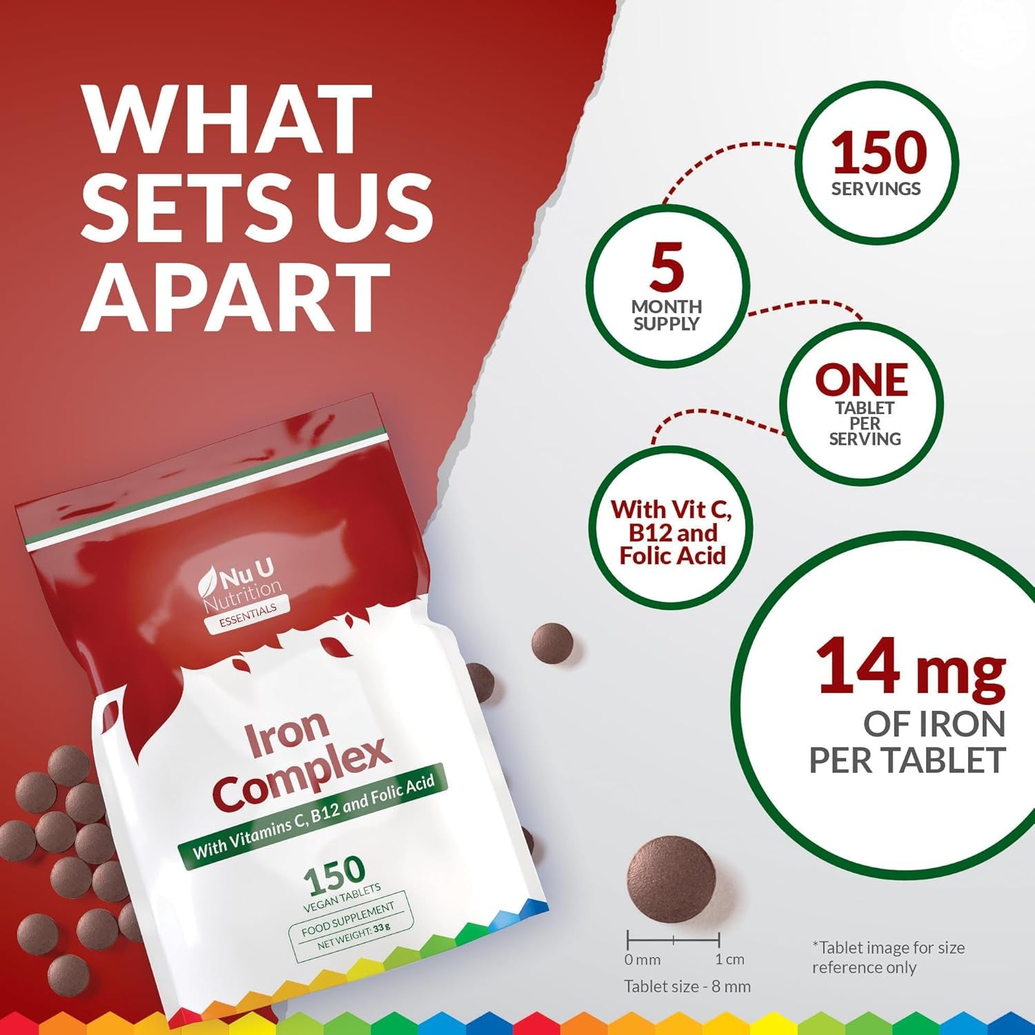 Iron Supplement - 150 Vegan Tablets - Complex with Vitamin C, B12 and Folic Acid - High Strength Ferrous Fumarate 14Mg per Tablet - Energy Support for Women & Men - Made in the UK - Nu U Nutrition