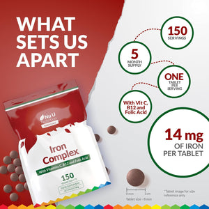 Iron Supplement - 150 Vegan Tablets - Complex with Vitamin C, B12 and Folic Acid - High Strength Ferrous Fumarate 14Mg per Tablet - Energy Support for Women & Men - Made in the UK - Nu U Nutrition