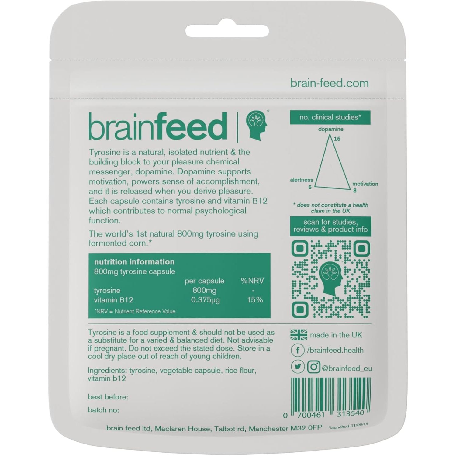 Dopamine Supplements | Natural L Tyrosine Supplement 800Mg | 1-A-Day L-Tyrosine High Strength Capsules (60) | Dopamine Brain Food Nootropic | Alertness & Motivation | Vegan | 2-Month Supply