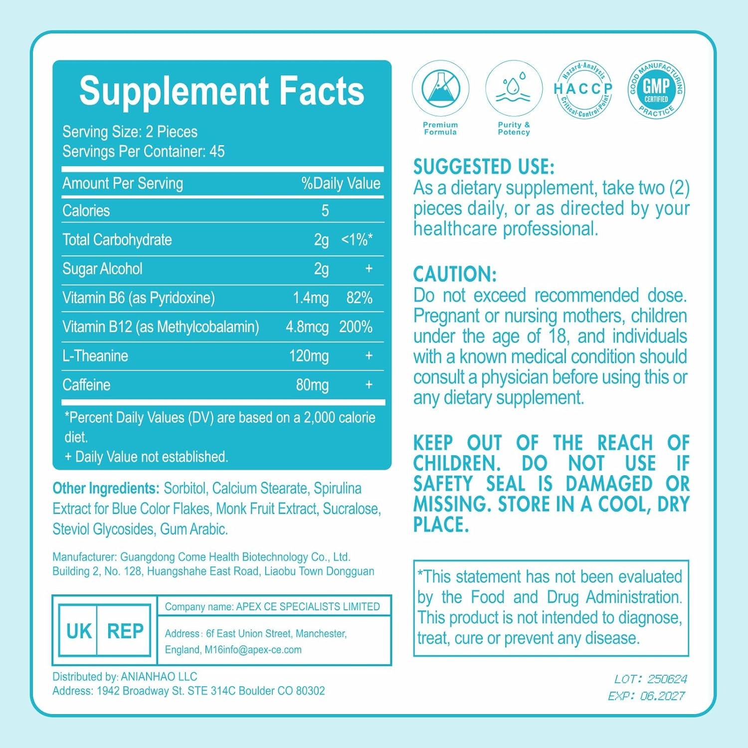 90Pcs L Theanine Supplements, Energy & Focus Gum, with L-Theanine and Natural Caffeine, for Energy & Focus Peppermint Chewing Gum with B-Vitamins, Sugar-Free Dietary Supplement