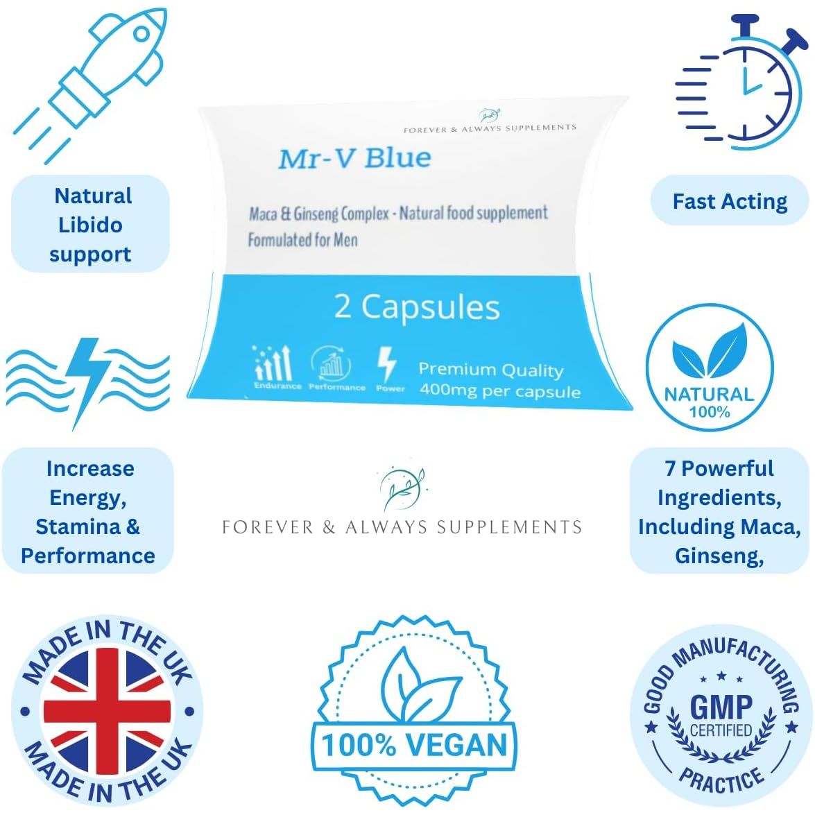 2 X MR-V Blue Natural Supplements, 400Mg Sex Tablets for Men, Ginseng & Maca Ultra Strong Male Performance Capsules, Last Longer, Fast Acting, Stamina, Sex Drive, Libido & Endurance Support!