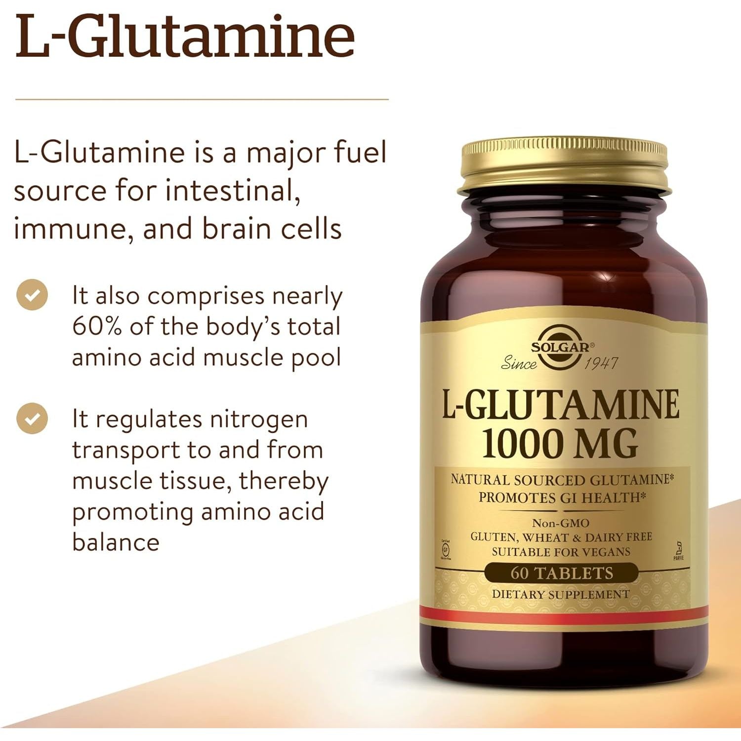 Solgar L-Glutamine 1000 Mg Tablets - Pack of 60 - Supports Muscle Function - for Active Lifestyles - Great Addition to Whey Powder - Vegan