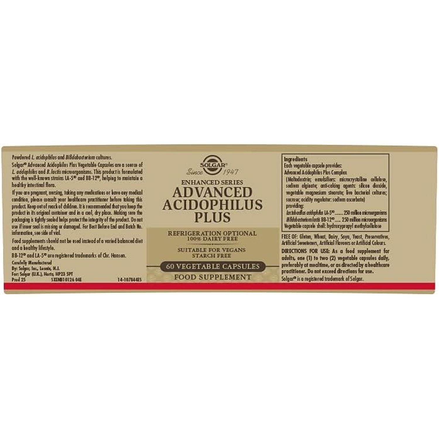 Solgar Advanced Acidophilus plus Vegetable Capsules - Pack of 60 - Supports Digestion - Maintain Healthy Bacteria Levels - Vegan and Gluten Free