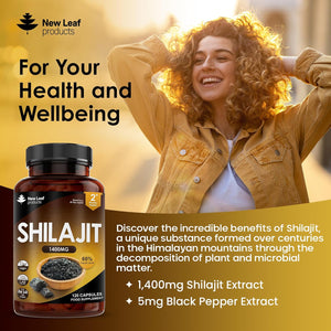 Shilajit Capsules 1400Mg 60% Fulvic Acid - High Strength Himilayan Shilajit, 2 Months Supply Shalajit Resin - Made in the UK Supplement by New Leaf 120 Capsules