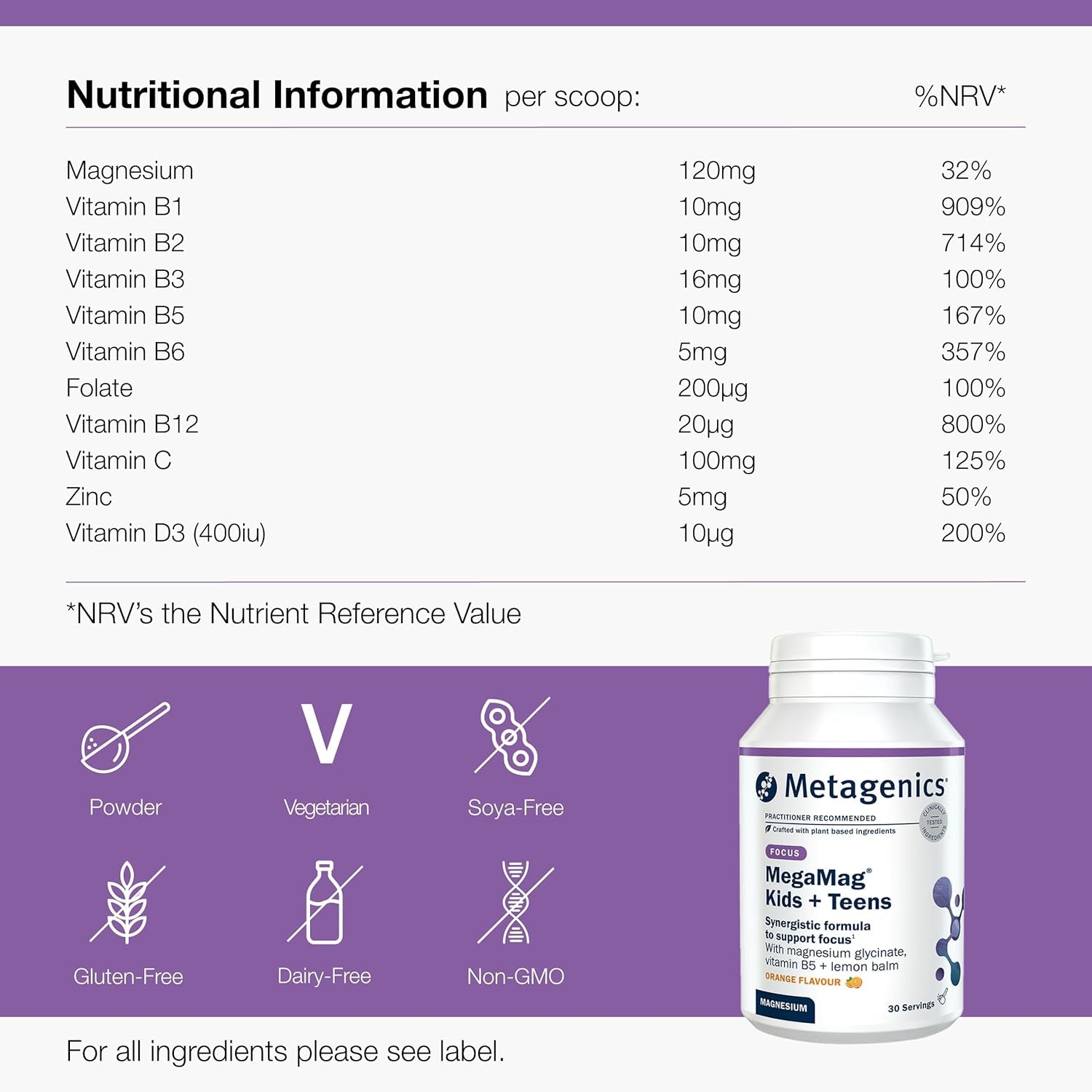 Metagenics Megamag Kids + Teens - Magnesium & Lemon Balm Powder with B Vitamins for Focus at School - Orange, 30 Servings