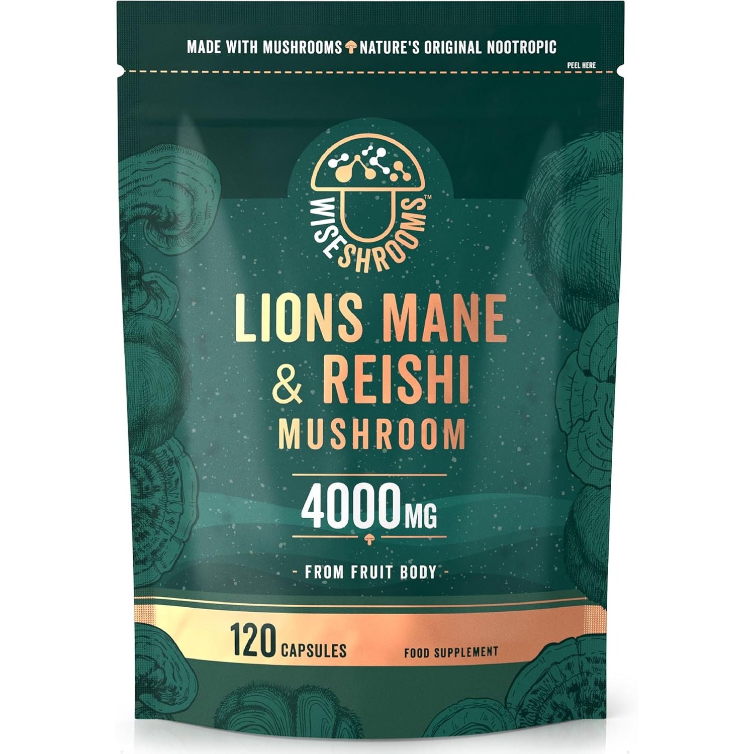 Lions Mane Supplement 4000Mg with Reishi Mushroom | Lions Mane Capsules High Strength | 120 Powder Capsules | Vegan | Wiseshrooms