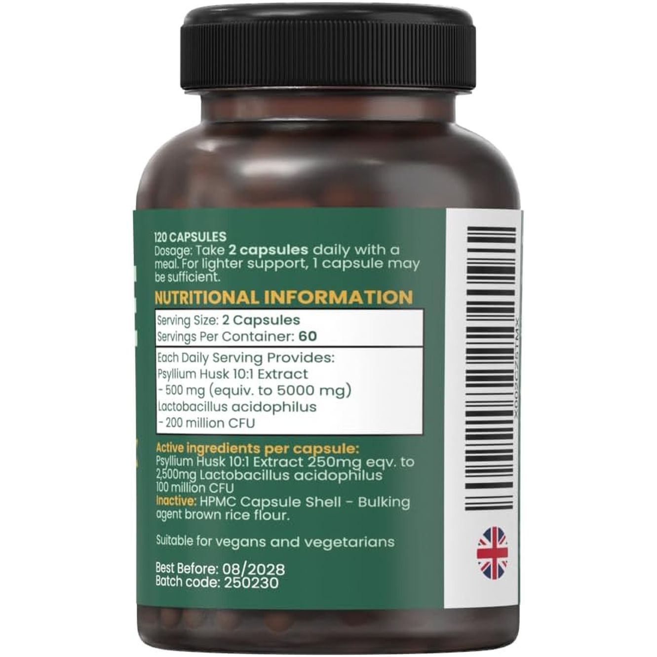 Psyllium Husk Fibre Flow Supplement with Probiotics | 120 Vegan Capsules | Daily Gut, Digestive & Heart Health Support | Natural Stool Fibre Boost HERA Vitality