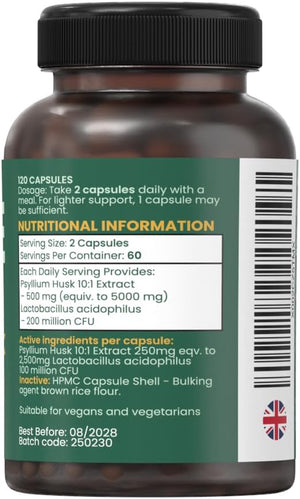 Psyllium Husk Fibre Flow Supplement with Probiotics | 120 Vegan Capsules | Daily Gut, Digestive & Heart Health Support | Natural Stool Fibre Boost HERA Vitality