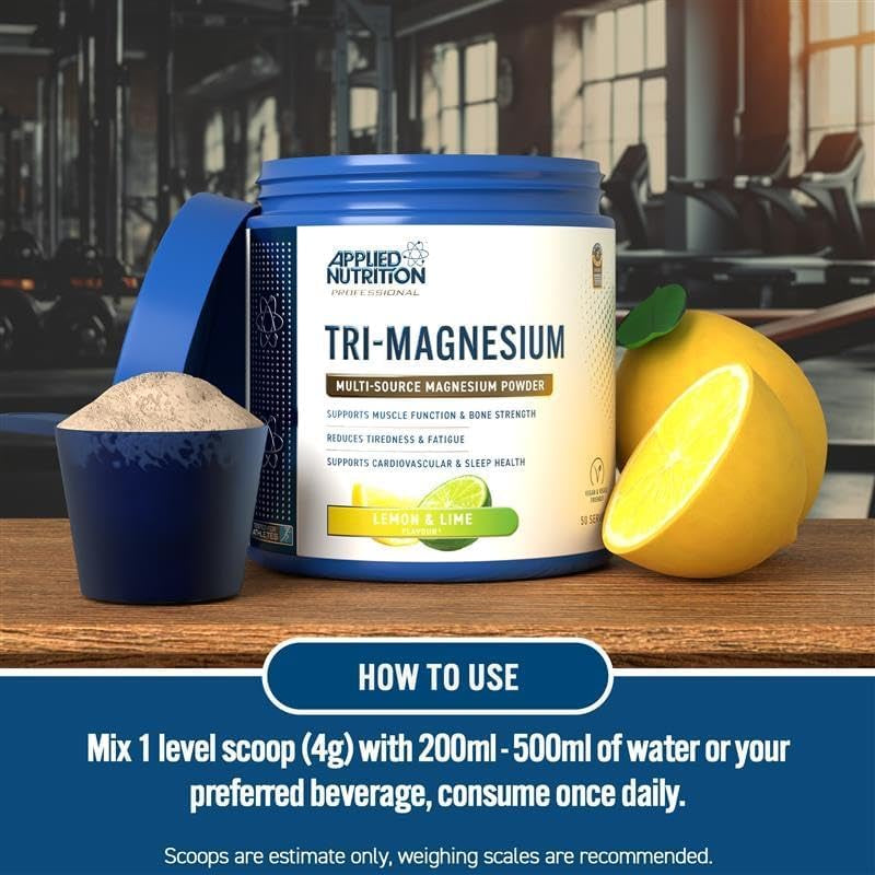 Applied Nutrition Tri-Magnesium Powder 3 in 1 - Magnesium Glycinate Supplements for Bone, Muscle, Nervous System Sleep Health - 300 Mg per Serving (200G - 50 Servings) (Lemon & Lime)