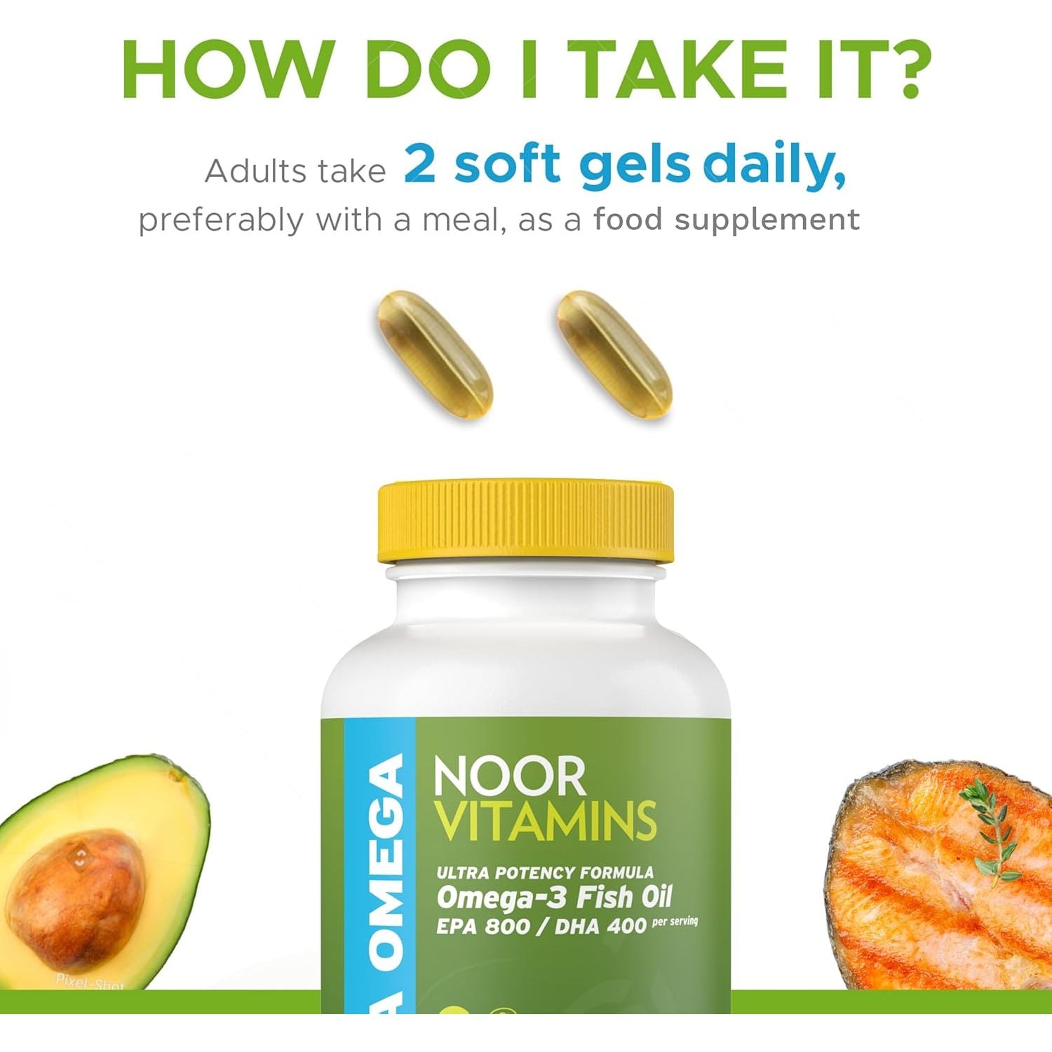 Halal Fish Oil, Halal Vitamins, Fish Oil Halal by Noor Vitamins, Ultra Omega 3 Wild Peruvian Fish Oil (800 Mg EPA & 400 Mg DHA) Heart, Brain & Joint Support, Non-Gmo & Gluten Free (120 Count)