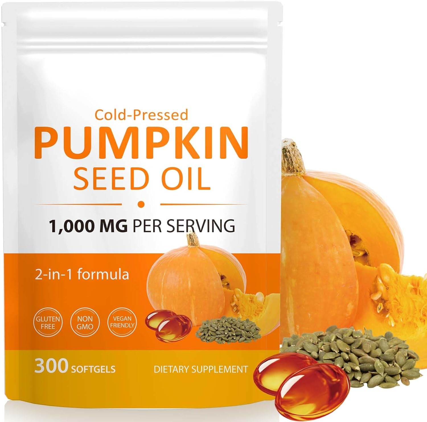 Pumpkin Seed Oil Capsules, 300 Softgels Cold Pressed Pumpkin Seed Oil Softgels Rich in Essential Omega-3/6 Fatty Acids & Zinc, Phytosterols for Hair Growth Supports Prostate Function