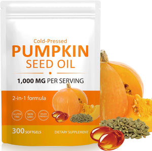 Pumpkin Seed Oil Capsules, 300 Softgels Cold Pressed Pumpkin Seed Oil Softgels Rich in Essential Omega-3/6 Fatty Acids & Zinc, Phytosterols for Hair Growth Supports Prostate Function