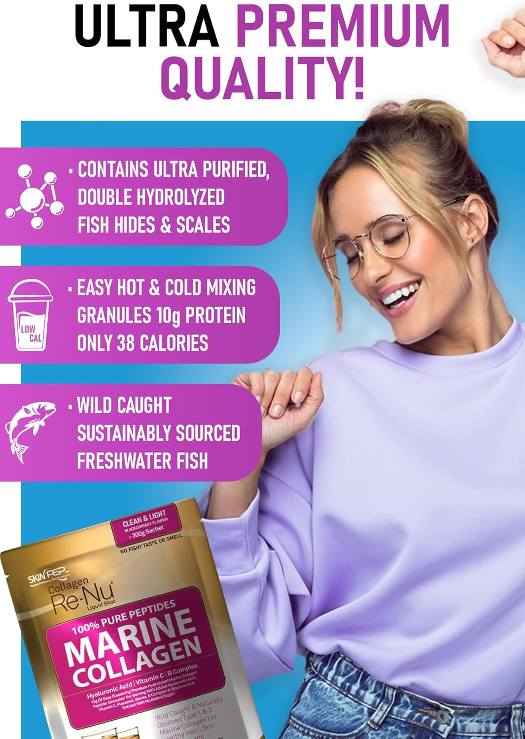 Premium Hydrolysed Marine Collagen Peptide Powder + VIT C, B Complex Hyaluronic Acid, & Stevia. Clean Light Taste/No Fishy Smell - Skinpep Collagen Re-Nu 300G - 30 Days Supply