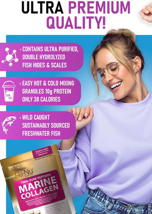 Premium Hydrolysed Marine Collagen Peptide Powder + VIT C, B Complex Hyaluronic Acid, & Stevia. Clean Light Taste/No Fishy Smell - Skinpep Collagen Re-Nu 300G - 30 Days Supply