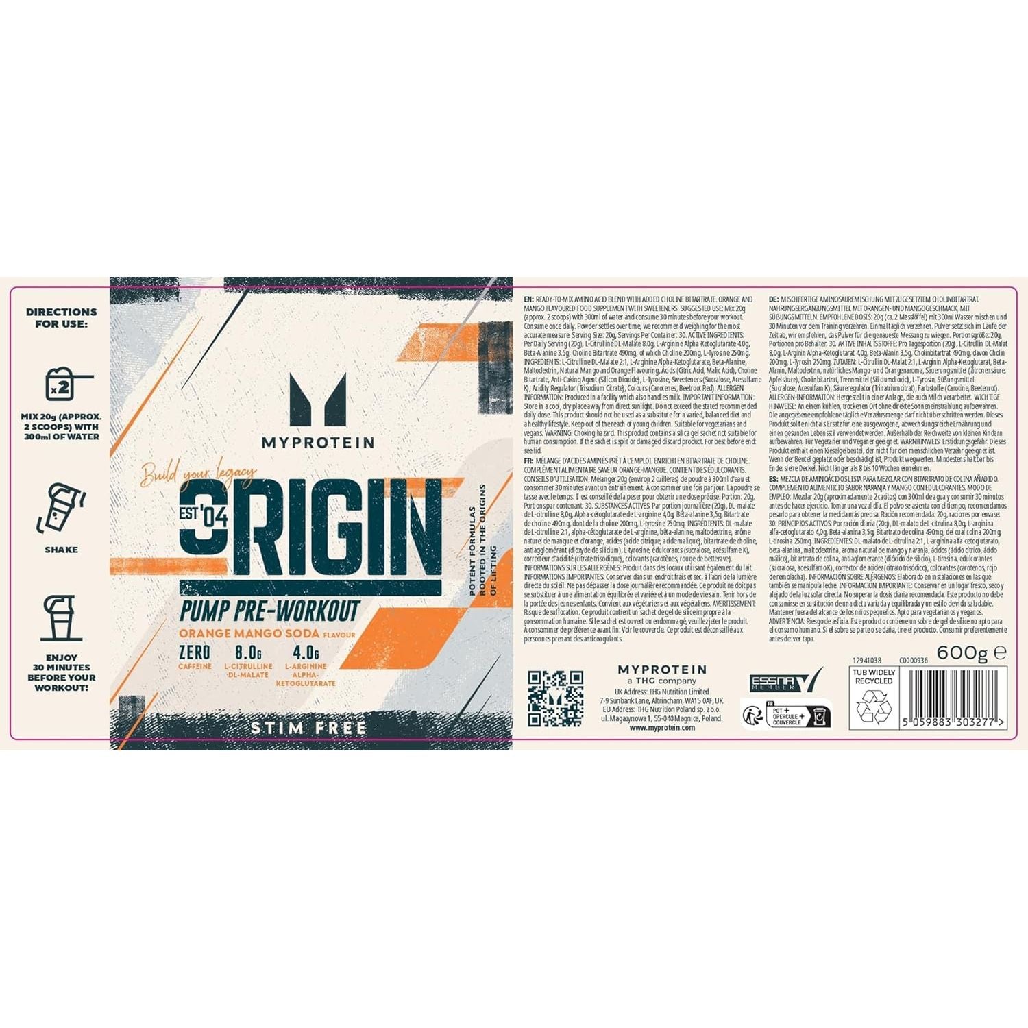 Myprotein Pump Pre Workout, Stim-Free - Orange Mango Soda Flavour, 600G (30 Servings), Zero Caffeine, 8G Citrulline Malate, 4G Arginine, 3.5G Beta Alanine | Vegan & Vegetarian Friendly