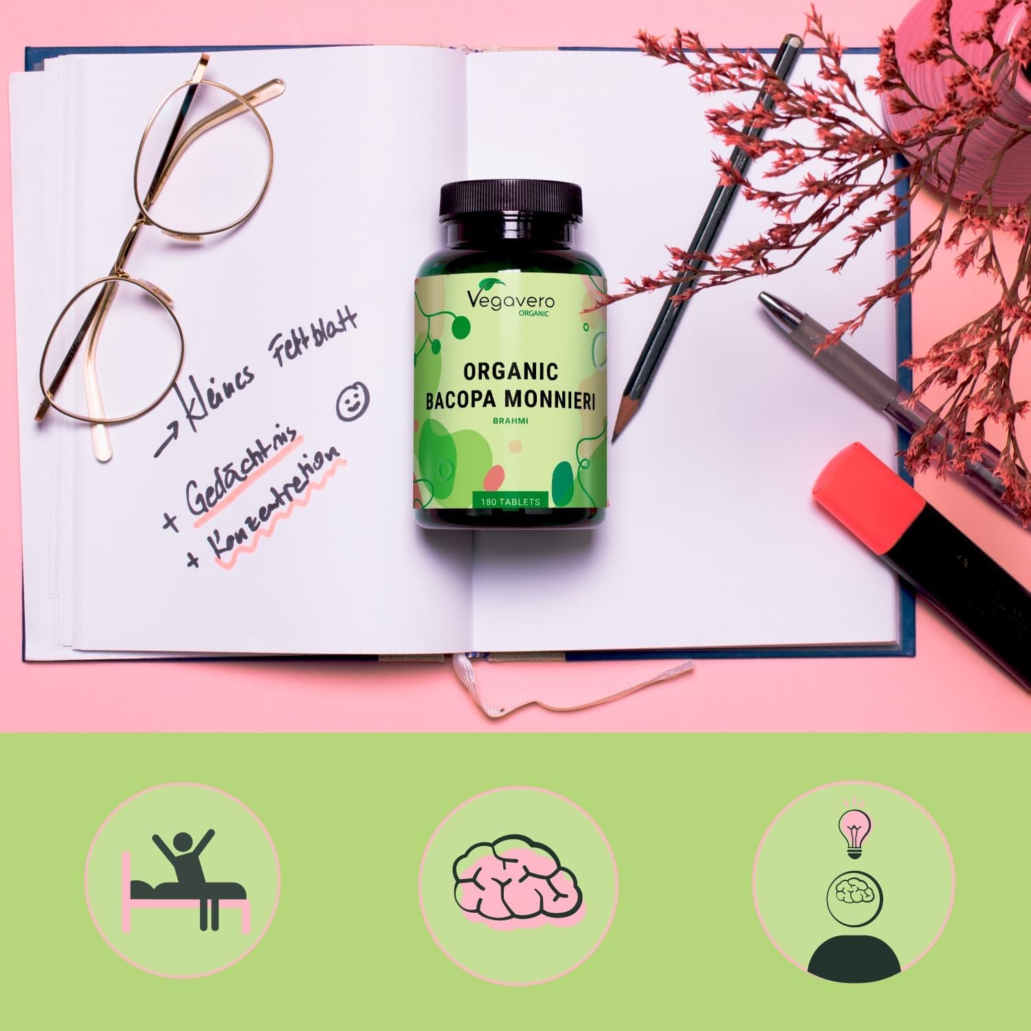Vegavero Organic Bacopa Monnieri | 1500 Mg Brahmi | 2% Natural Bacosides | Lab-Tested | 180 Tablets | Vegan