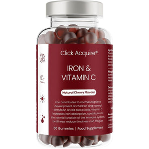Iron and Vitamin C Gummies for Kids & Adults | 7Mg Gentle Iron, 20Mg Vitamin C Chewable | Vegan Natural Cherry Flavour | 2 Month Supply