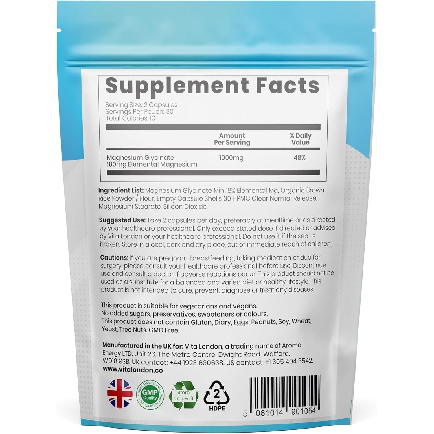 Magnesium Glycinate 1000Mg | 60 Vegan Capsules (Not Tablet, Gummies or Powder) High Strength 180Mg Elemental Magnesium Bisglycinate | UK Made