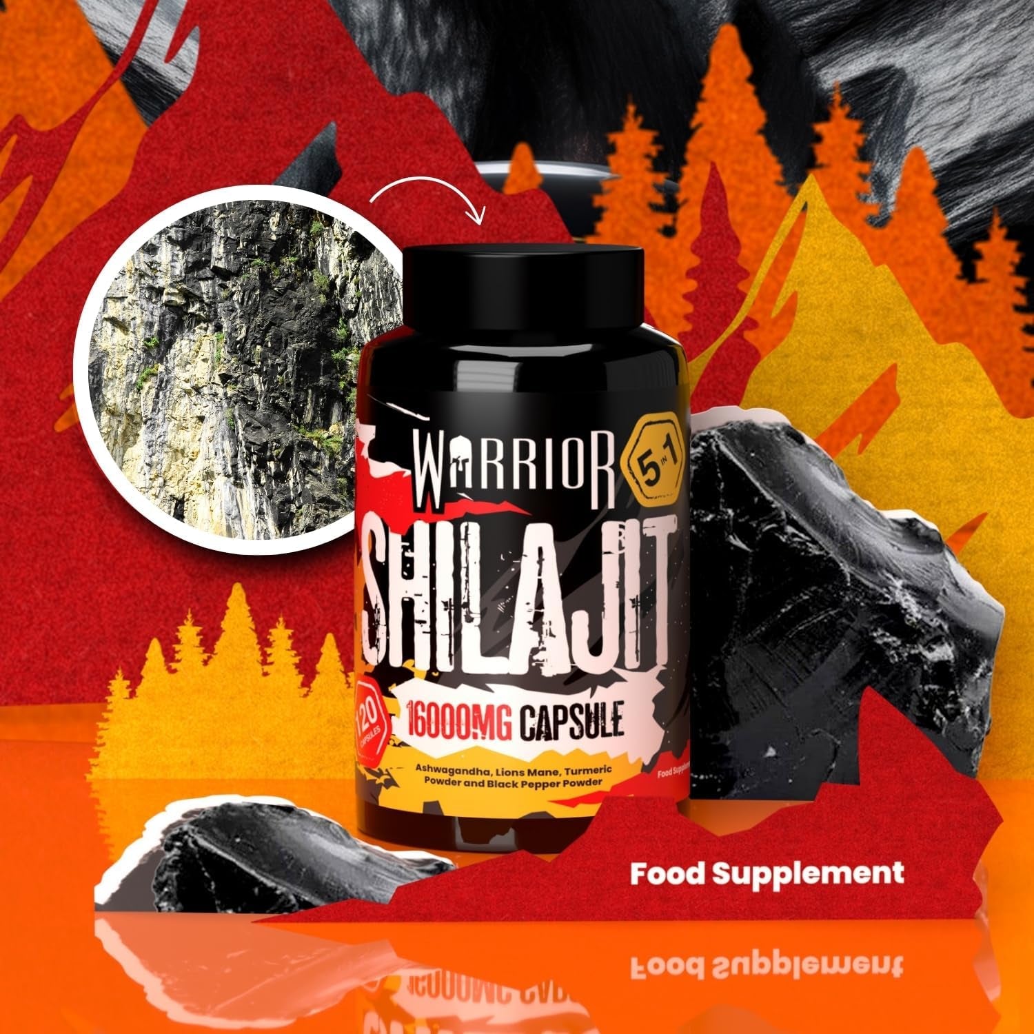 Warrior SHILAJIT Capsules (120 Capsule and Servings) – 5 in 1 Supplement (Not Resin) – 16000Mg Pure Organic Extract – Includes Ashwagandha, Lions Mane, Turmeric & Black Pepper